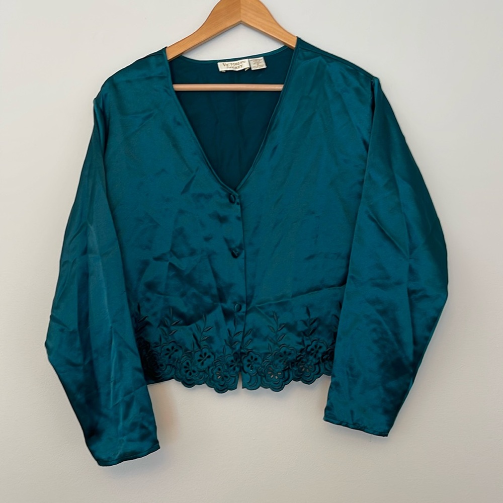Victoria's Secret | Vintage Gold Label Forest Green Floral Embroidered Satin Top